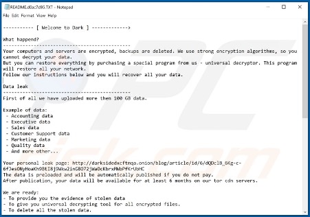 Example of a Ransom Note Darkside Ransomware